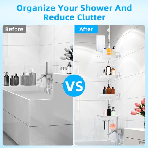 XLHOMO 32-122inch Corner Shower Caddy Tension Pole White, Rustproof Drill-Free Shower Shelves for Bathroom Bathtub Washbasin, Adjustable Shower Organizer with 4 Tier Patent Stable Shelves & Towel Bars - color: White
