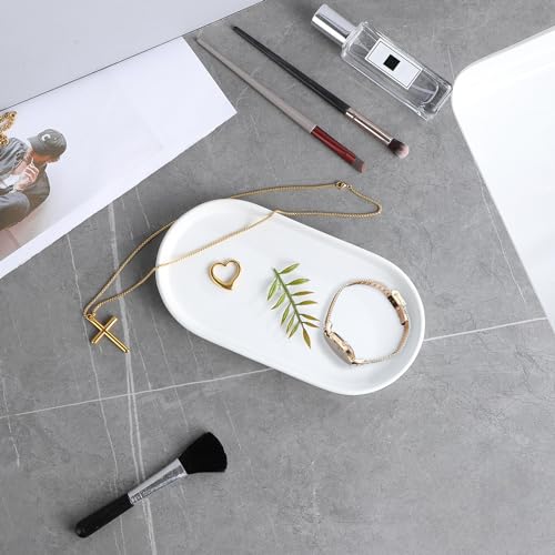 White Round Soap Dispenser Tray - 8'' Ceramic Vanity Tray for Bathroom Decorative, Jewelry Ring Dish, Comestic Holder, Kitchen Sink Countertop Organizer Plate - color: White
