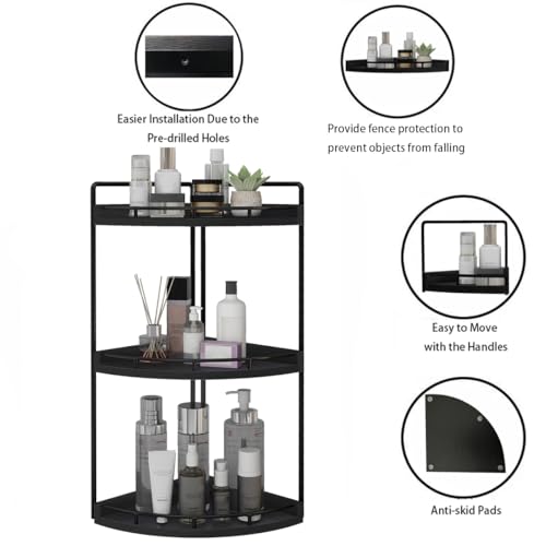 Dorhors 3-Tier Corner Bathroom Organizer Countertop for Storage,Vanity Tray,Wood Counter Organizer for Kitchen,Bathroom,Dresser (Black) - color: Black