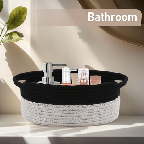JMvicyroam Woven Basket,Small Rope Storage Bin with Handles & Ribbon Bag, Organizer for Shelves Closets,Gift Basket Empty for Birthday,Books,Dog Toys, Black&Grey - color: Black&Grey, size: 1 Pack