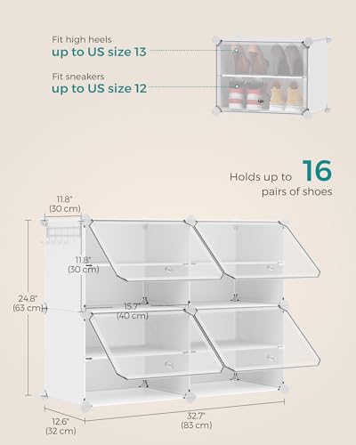 SONGMICS Shoe Rack Organizer, 4-Tier Shoe Storage Cabinet for Closet and Entryway, Holds 16 Pairs of Shoes, Adjustable, Cloud White and Trasparent ULPC032W01 - color: Cloud White + Trasparent, size: 4 Cubes