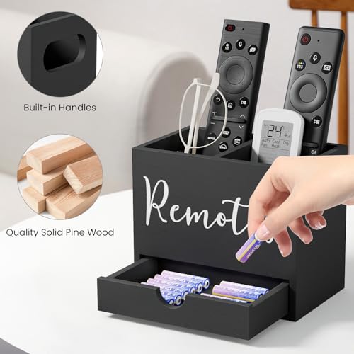 Remote Control Holder, TV Remote Holder with Drawer, Wood Remote Control Organizer for Table, Media Storage Box for Nightstand, Living Room (Black,2 Slots) - color: Black - 2 slot
