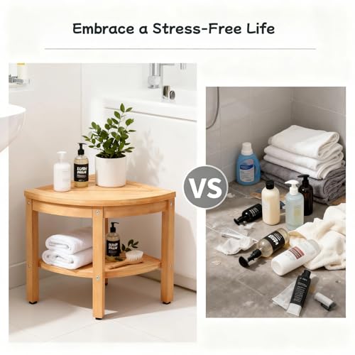 Shower Stool for Inside Shower, Corner Shower Stool, Shower Bench Seat with Storage Shelf for Bathroom, Living Room, Bedroom - color: Wood