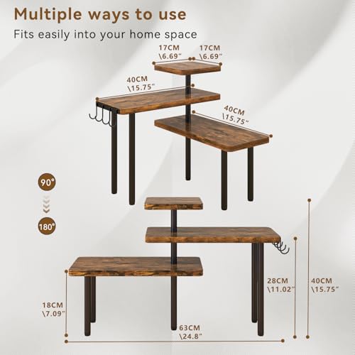 IBUYKE Kitchen Countertop Organizer,3-Tier Wooden Spice Racks,Bathroom Counter Organizer，Rotating Adjustable,4 Side Hooks,Corner Shelf for Kitchen,Coffee Bar, Cabinet, Desk,Rustic Brown,TLJ023H - color: Brown, size: 1 pack (Improved)