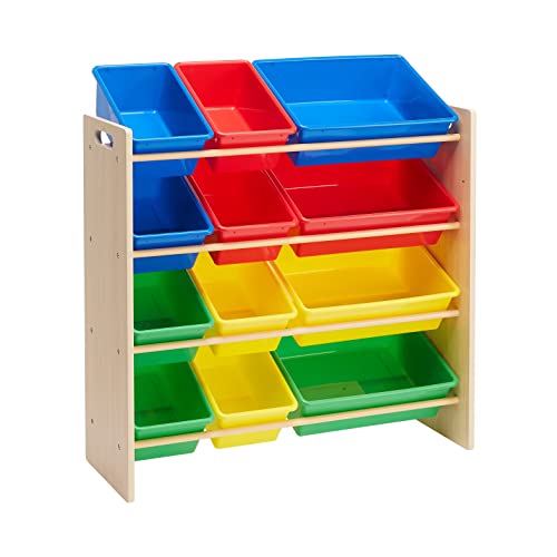 Amazon Basics Kids Toy Storage Organizer With 12 Plastic Bins, Natural Wood, Multicolor, for Bedroom and Playroom, 33.85"D x 12.79"W x 35.42"H - color: Natural Wood With Bright Bins