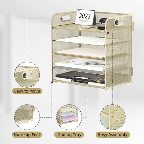 Supeasy 5 Trays Paper Organizer Letter Tray with Handle-Mesh Desk File Organizer,Pink Paper Sorter Desk Organizer for Office, Home or School (Gold Yellow) - color: Gold Yello
