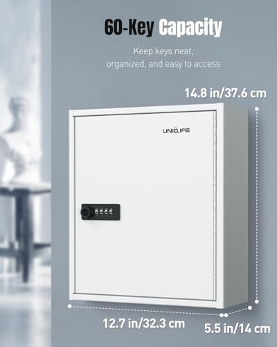 Uniclife 60 Position White Key Cabinet Steel Security Storage Box with Combination & Key Lock, Resettable, Digital, Adjustable Racks, Colorful Labels & Hooks - color: White, size: 60 Keys