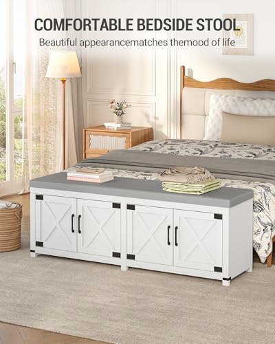 Hzuaneri Shoe Storage Bench, 2 Tier Shoe Bench with Padded Seat Cushion & 4 Barn Doors, 59" Entryway Bench with Adjustable Shelf, Farmhouse Shoe Cabinet for Living Room, Bedroom, White SB31503GY - color: White, size: 59"W