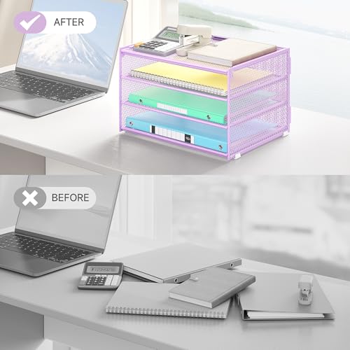 Lavatino 3-Tier Letter Tray Desk Organizer – Purple Mesh Metal Paper File Tray Organizer for Desk, Office Supplies & Home Organization | Fits A4/Letter Paper, Mail, Magazines and Office Accessories - color: 4-tier No Handle - Purple