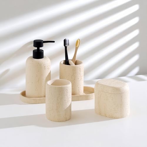Bathroom Accessories Set, Travertine Stone-Look, 5 PCS Bathroom Accessory Set with 13.53 OZ Soap Dispenser, Toothbrush Holder, Tumbler, Vanity Tray, Cotton Swab Jars for Countertop (Yellow) - color: Yellow 5 Pcs