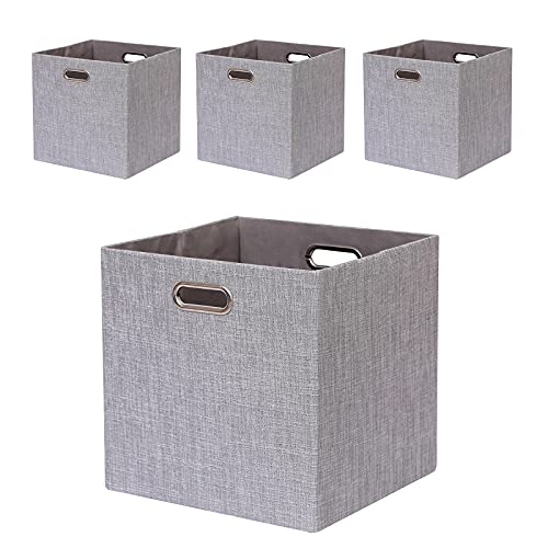 Cube Storage Bins 13×13x13 Inch Linen Foldable Box with Handles, Collapsible Organization Basket Set of 4 Large Capacity Grewer for Closet Shelf Cabinet Bookcase Bedroom, Silver Grey - color: Grey