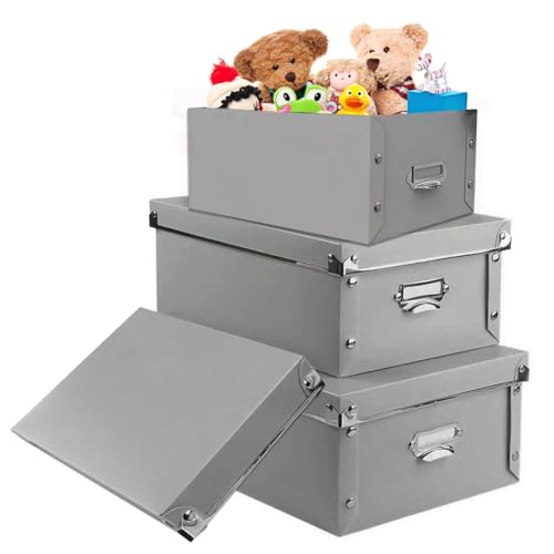 XUCHUN Storage Box with Lid 3 Pack, Foldable Plastic Storage Bins with Lids, Stackable Collapsible Keepsake Box for Photos Office Bedroom, 3 Sizes - Gray - color: grey 3 pcs
