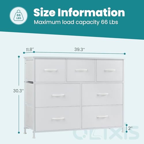 OLIXIS 7 Drawer Dresser for Bedroom, Wide Fabric Storage Tower with Wooden Top and Metal Frame, Closet Chest Organizer Furniture, TV Stand for Living Room Hallway, White - color: White, size: 11.8"D x 39.4"W x 30"H (7 Drawers)