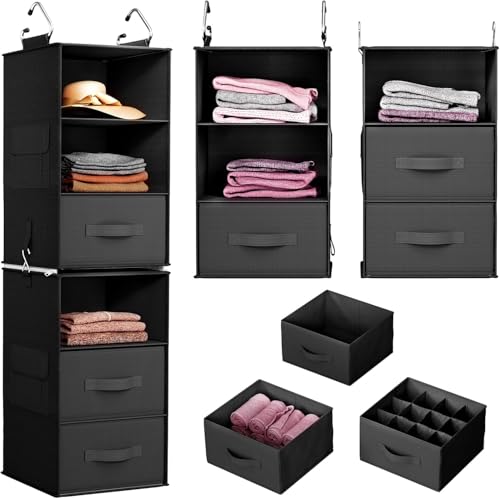 Pipishell 6-Shelf Hanging Closet Organizer with 2 Separable 3-Tier Shelves, 3 Drawers & Side Pockets Closet Organizers and Storage for Wardrobe Organization and Nursery Clothes Organizer, Black - color: Black