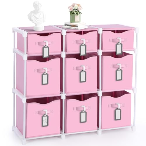 9 Cube Storage Organizer Shelf with Storage Bins and Label, 11 Inch Toy Cube Bins Clothes Closet Organizers Drawers Fabric Dresser for Living Room, Bedroom, Playroom, Dorm(Pink) - color: Pink