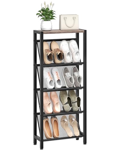 CHOEZON Shoe Rack, 5-Tier Slanted Shoe Rack, Narrow Shoe Storage Shelf, Slim Shoe Organizer for Entryway, Space-Saving, Wooden Top and Metal Frame, for Entryway, Hallway, Greige and Black TXJ03BG - color: Greige, Black