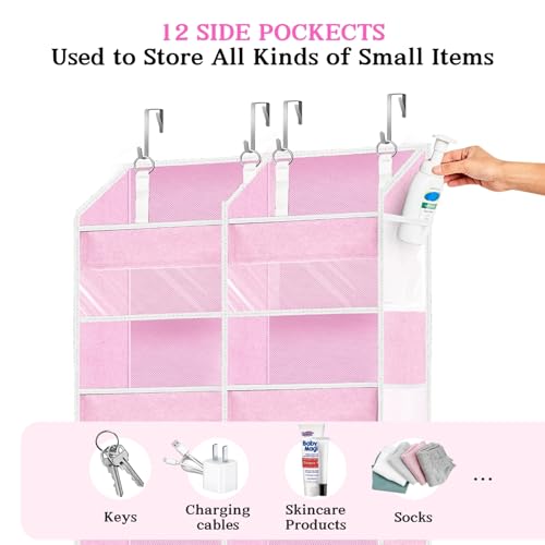 Over The Door Organizer 6 Tiers, Extra Large Behind Door Storage of 12 Compartments, 80 lbs Weight Capacity Hanging Storage Organizer with Clear Window Kids Toys,Shoes,Diapers,Room Storage,Pink - color: Pink - 6 Tiers