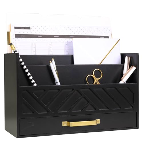BLU MONACO | Wooden Mail Organizer with Drawer and Gold Handle | Mail Sorter Organizer Countertop for Desk | Outgoing Mail Holder and Letter Sorter for Desk Storage - color: Black