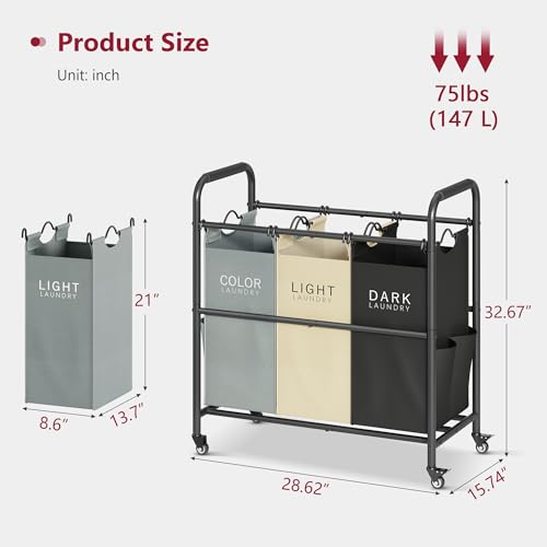 Tajsoon 3 Bag Laundry Sorter Cart, Laundry Hamper Sorter Basket with Heavy Duty Lockable Rolling Wheels for Clothes Storage, 3 Colors - color: GreyWhiteBlack, size: 3 Bag