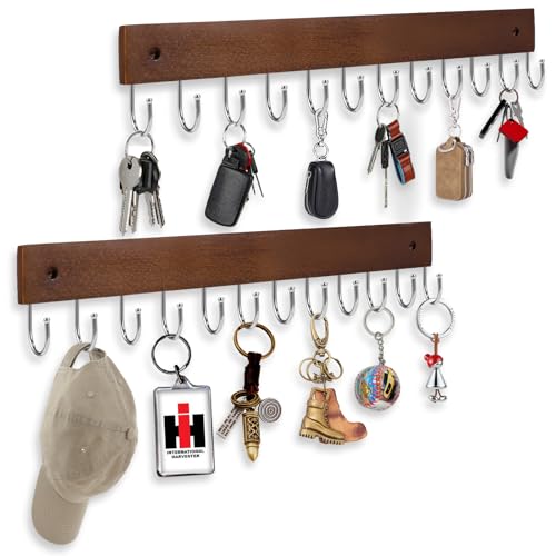 UNIFUN Wall Mounted Key Hooks, 12 Hook Organizer Rack for Entryway, Kitchen, Bathroom, Heavy Duty Key Holder Hanger, Brown Wood Finish, 2 Pack - size: 2 Pack