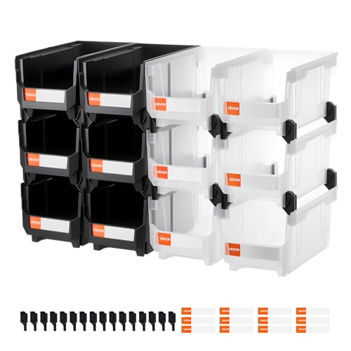 VEVOR Plastic Stackable Storage Bins, 14.8 x 8.5 x 7.1 inch (12 Pack), Plastic Containers for Organizing & Storage Bins for Garage, Small Parts, Office Supplies, Other Accessories, Black & Transparent - color: Black &Clear, size: 14L
