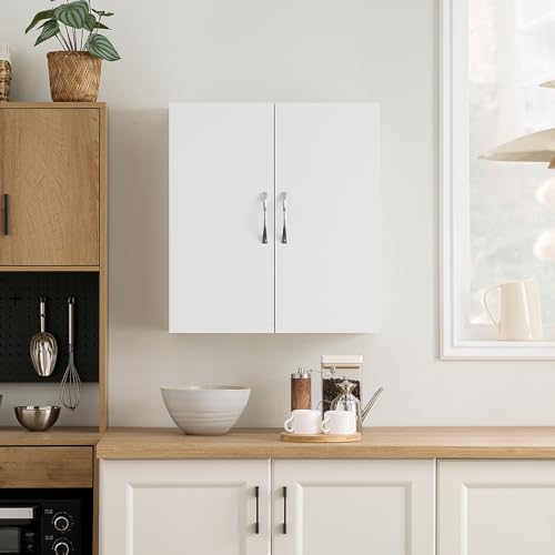 SoBuy Kitchen Wall Cabinet, Narrow Bathroom Wall Cabinet Over The Toilet Storage, Wall Mounted Medicine Cabinet with Adjustable Shelf, Floating Storage Cabinet for Laundry Room, White BZR200-T-W - color: White