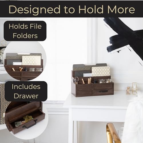 BLU MONACO | Wooden Mail Organizer with Drawer and Pen Holder | Mail Sorter Organizer Countertop for Desk or Kitchen | Outgoing Mail Holder Wood Desktop Storage - color: Brown