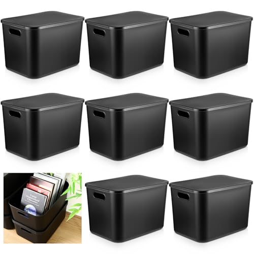 Hoolerry 8 Pieces Colorful Storage Bins with Lid, Plastic Storage Basket Organizing Container Stackable Box with Handle for Shelves Desktop Playroom Office(14.2 x 10.2 x 9.5 Inch,Black) - color: Black, size: 14.2 x 10.2 x 9.5 Inch