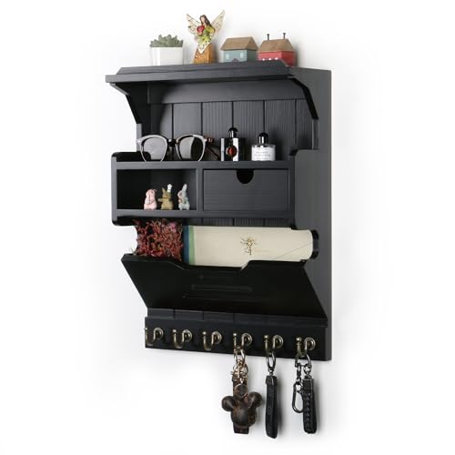 Key Holder for Wall, Elegant Wall-Mounted Mail Organizer with Storage Drawers & 6 Key Hooks, Pine Wood Luxury Black
