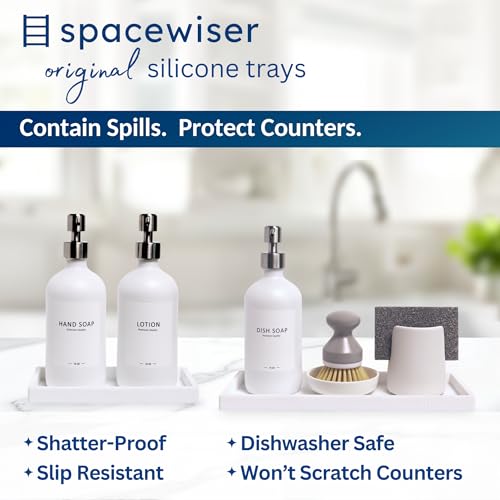 Spacewiser Countertop and Vanity Tray - 2 PC (11” and 7”) Shatterproof Silicone Kitchen and Bathroom Trays for Counter, Kitchen Soap Dispenser Tray, Vanity Trays for Bathroom, Perfume Key Tray - color: White, size: Set‐ 1 Small + 1 Large