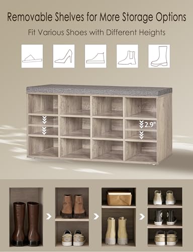 DINZI LVJ Shoe Storage Bench with Cushion, Cubby Rack with 12 Cubbies, Adjustable Shelves, Multifunctional Organizer Bench for Entryway, Mudroom, Hallway, Closet and Garage, Greige - color: Greige, size: 12 Cubby