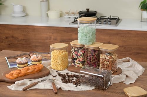 D2scrma 37oz Airtight Glass Square Storage Canisters with Bamboo Lid Set of 6 (1100ml) Stackable Containers, Kitchen Jars for Pantry Noodles, Flour and Coffee beans (‎with Black Lable)
