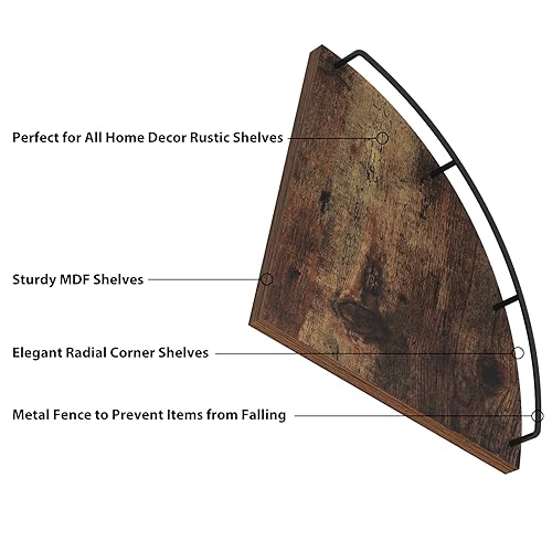 HORLIMER Floating Corner Shelf Wall Mount, Set of 3 Rustic Wood Corner Wall Shelves with Fence for Bedroom, Living Room, Bathroom, Kitchen, Brown - color: Brown - 3 Pack, size: Fan-Shaped