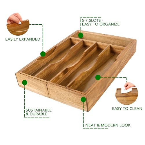 Expandable Acacia Kitchen Drawer Organizer for Cutlery and Utensils, Adjustable Acacia Wood Cutlery Tray in Drawer for Flatware and Silverware in Kitchen - color: Acacia, size: 7 Slots Expandable