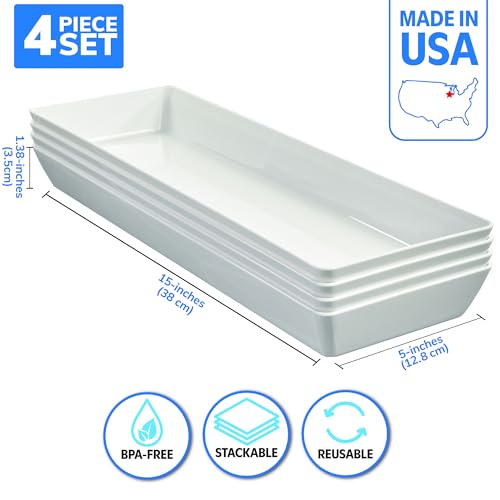 US Acrylic White Plastic Serving Trays (Set of 4) 15” x 5” | Narrow Unbreakable Reusable Rectangular Party Platters | Serve Appetizers, Fruit, Veggies, & Desserts | BPA-Free & Made in USA - color: White, size: 15" x 5"