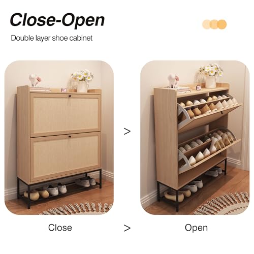 AVZEAR Narrow Shoe Storage Cabinet for Entryway with 2 Flip Drawers, Freestanding Shoe Cabinet with Natural Linen Panel, Slim Wood Shoe Organizer Closed Shoe Rack for Hallway, Foyer, Natural - color: Natural, size: 2 Drawers