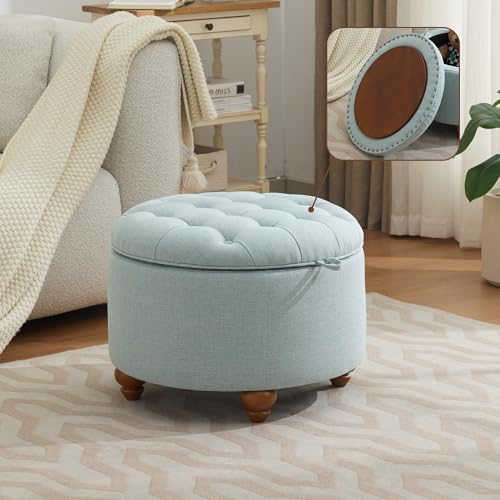 WUTUTUEE 24Inch Round Storage Ottoman with Tray, Modern Tufted Fabric Circle Coffee Table with Storage, Upholstered Ottoman with Removable Top for Living Room, Bedroom, Light Blue - color: Blue, size: 24 Inch