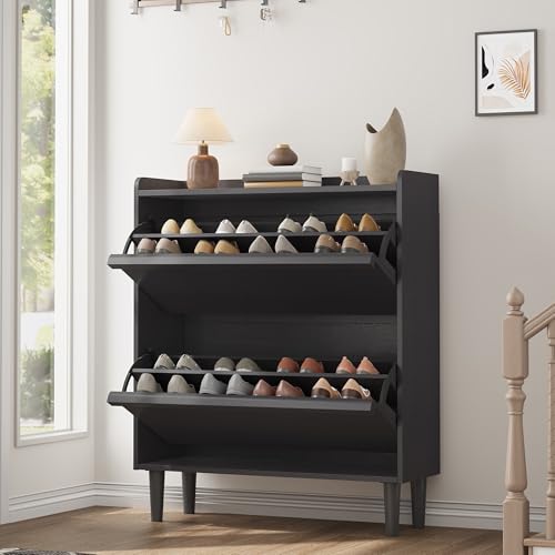 GarveeHome Shoe Cabinet with 2 Flip Drawers, Wooden Shoe Organizer Cabinet with Adjustable Shelf, Shoe Storage for Entryway, Hidden Shoe Cabinet for Hallway, Living Room, Black - color: Black, size: 2-Drawers