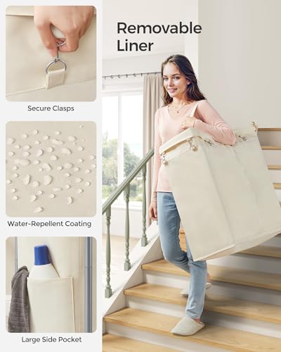SONGMICS Laundry Basket with Wheels, 2-Section Rolling Laundry Hamper, 37 Gallons (140 L), Removable Liner, Steel Frame with Handle, 27.2 x 15.4 x 31.9 Inches, Cream White URLS004W01 - color: Cream White, size: 140 L (2-Section), style: Rectangular with h