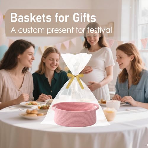 JMvicyroam Woven Basket,Small Rope Storage Bin with Handles & Ribbon Bag, Organizer for Shelves Closets,Gift Basket Empty for Birthday,Books,Dog Toys, Pink/2 Pack - color: Pink, size: 2 Pack