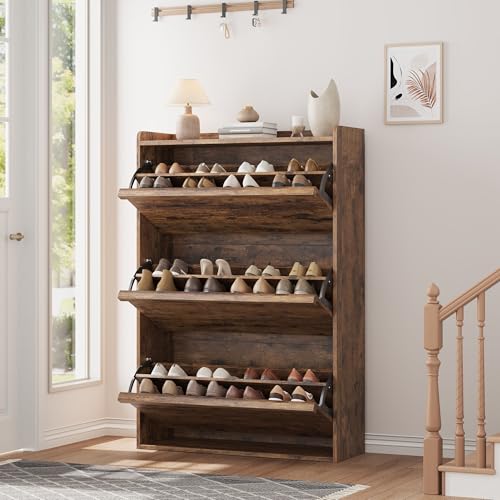 GarveeHome Shoe Cabinet with 3 Flip Drawers, Wooden Shoe Organizer Cabinet with Adjustable Shelf, Shoe Storage for Entryway, Hidden Shoe Cabinet for Hallway, Living Room, Rustic Brown - color: Rustic Brown, size: 3-Drawers