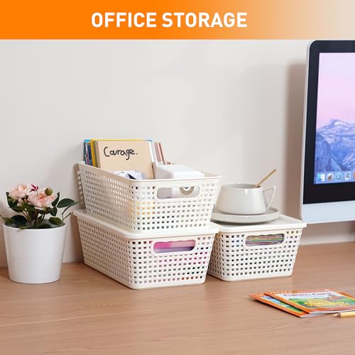 Plastic Storage Baskets With Lid, Storage Bins for Organizing, Stackable Decorative Containers for Shelves Drawers Desktop Closet Playroom Classroom Office, 6 Pack- White - color: White, size: 6 Pack