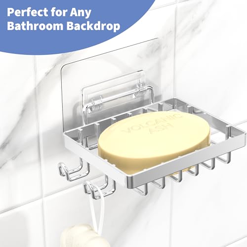Moforoco Stainless Steel Soap Bar Holder for Shower, No Drilling Bathroom Accessories, Wall Mounted Soap Holder with Hooks, Shower Rack Tray Bar for Suitable for Bathroom, Kitchen Sink - color: Silver, size: 1-T