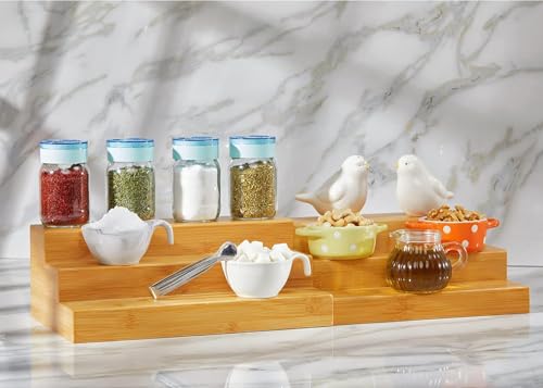 RoyalHouse Bamboo Expandable Spice Rack Organizer, 3-Tier Adjustable Kitchen Cabinet, Countertop Display Shelf, Space Organizer for Kitchen and Bathroom (Pack of 2) - color: Bamboo Spice Rack Pack of 2