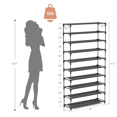 LANTEFUL 10 Tiers Shoe Rack 50 Pairs Large Capacity Tall Shoe Organizer Sturdy Shoe Storage with Two Hooks Space Saving Metal Wide Shoe Rack for Closet, Entryway, Bedroom, Black - color: Black, size: 10 Tier-61.2" High-34" Wide