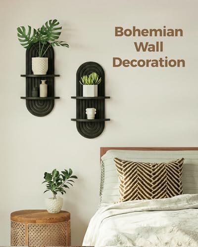 Bamworld Boho Wall Decor 2pcs Plant Wall Shelf, Mid Century Modern Decor Hanging Plant Shelf, 2-Tier Wooden Floating Shelves for Home, Bathroom Bedroom Living Room, Office Planter Decoration Walnut - color: Walnut, size: 16.7'' 2pcs