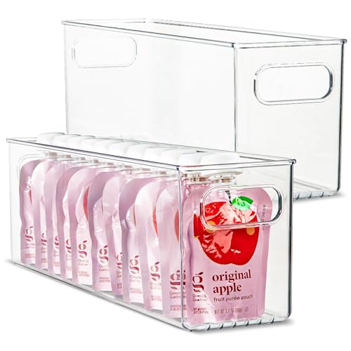 Plastic Food Storage 2 Pack Clear Container Bin with Handles for Organizing Kitchen, Pantry, Refrigerator, Freezer, Pantry, Cabinet, Closet, Bathroom. 14”x4”x5” - size: 14x4x5