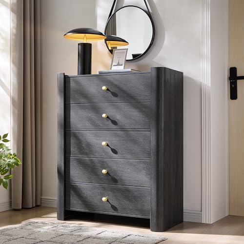 IFGET Modern 5 Drawer Dresser for Bedroom, Wooden Chest of Drawers with Curved Profile Design, 39.6" Tall Wood Dresser with Golden Metal Handle for Bedroom, Living Room, Hallway, Dark Grey - color: Dark Grey