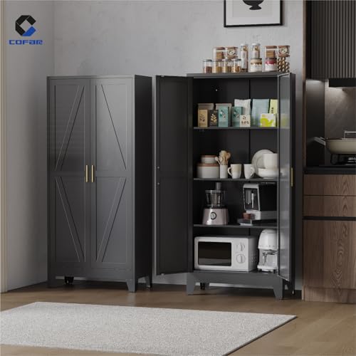 COFaR Metal Pantry Cabinet with Doors, Farmhouse 61'' Tall Storage Cabinet with 3 Adjustable Shelves, Kitchen Pantry Cabinet for Dinning Room, Garage, Laundry, Bathroom, Black 4-Tier - color: Black, size: 61 Tall 2 Doors-Farmhouse