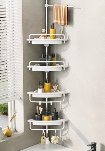 Upgrade Sturdy Shower Caddy Tension Pole Corner Shower Caddy Bathroom Organizer 18/8 Stainless Steel Rustproof 4 Tier Adjustable Shelves for Bathtub Shampoo Accessories Storage Rack 32-122inch - color: White